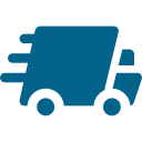 Un icono de camión de reparto azul sobre un fondo blanco.