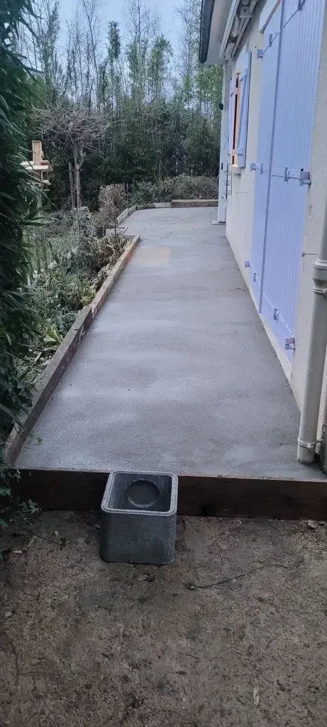 Une allée en béton bordée de bois et d'aménagements paysagers longe une maison aux volets bleus.