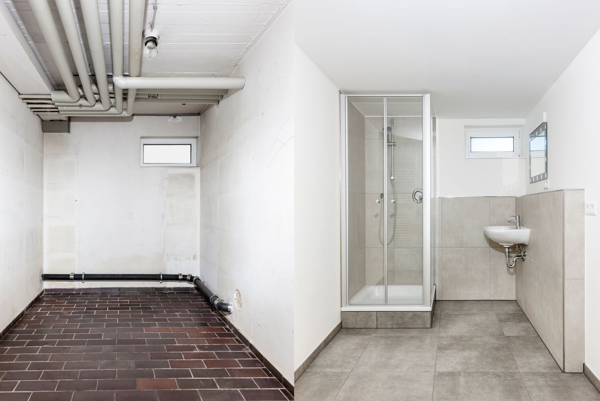 Salle de bains avant/après : pièce non aménagée versus pièce terminée, aménagée et carrelée.