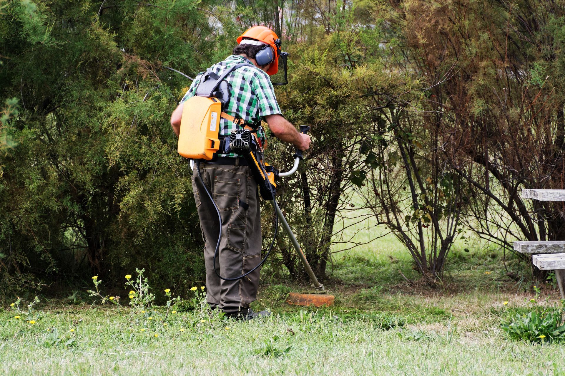 Une personne utilise un coupe-bordures dans un jardin, portant un équipement de protection.