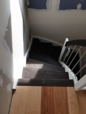 Treppe mit dunklen Teppichstufen und hellem Holzboden unten. Weißes Geländer rechts, Sonnenlicht von links.