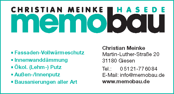 Visitenkarte für memobau: Fassadenisolierung, Innenwandisolierung und ökologisches Verputzen.