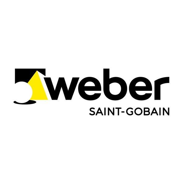 Weber Saint-Gobain Logo: schwarzer Text „weber“ mit gelber und schwarzer geometrischer Form und darunter „SAINT-GOBAIN“.