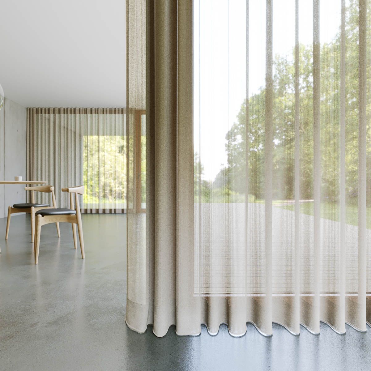 ein Esszimmer mit einem Tisch und Stühlen und einem großen Fenster mit Vorhängen - Gardinen von Koke Raumausstattung - Tobias Liebrand - vor Ort in Senden und Lüdinghausen