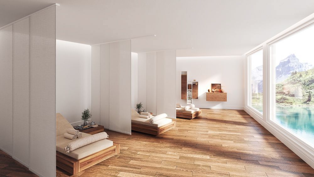 ein Wohnzimmer mit Holzboden , weißen Wänden und einem großen Fenster - Sonnenschutz von Koke Raumausstattung - Tobias Liebrand - vor Ort in Senden und Lüdinghausen