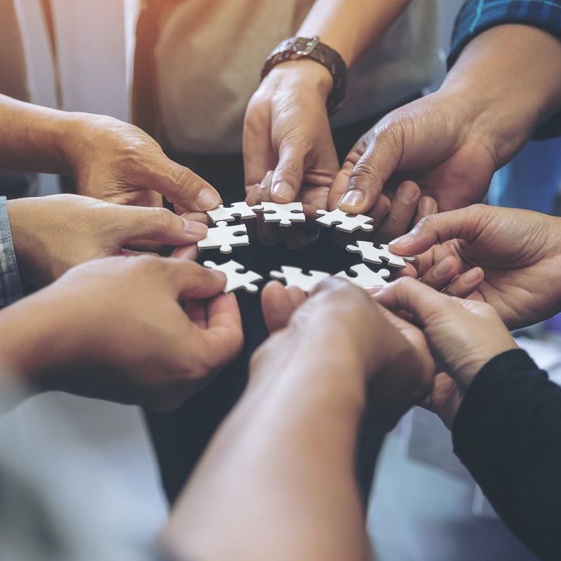 eine Gruppe von Menschen hält Puzzleteile in ihren Händen - Team von Koke Raumausstattung - Tobias Liebrand - vor Ort in Senden und Lüdinghausen