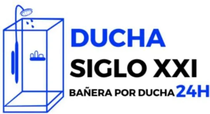Logotipo con una ilustración de ducha y texto en español: "DUCHA SIGLO XXI BAÑERA POR DUCHA 24H"