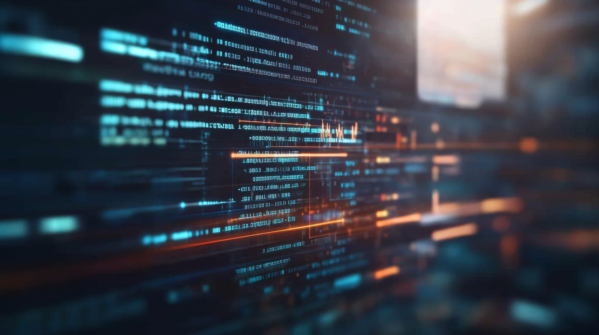 Code bleu et orange affiché sur un écran, fond abstrait flou.