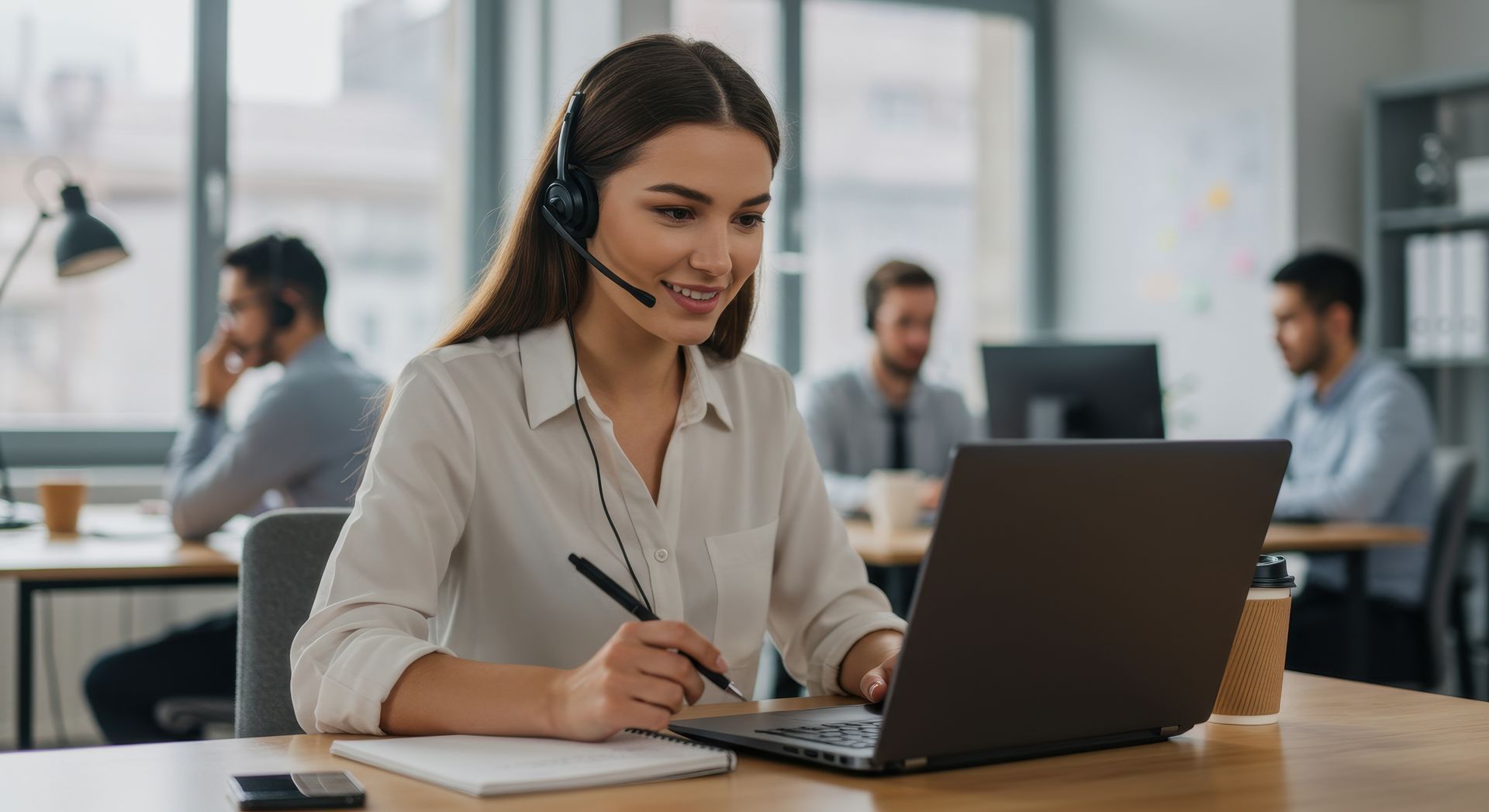 Femme avec un casque audio prenant des notes sur son ordinateur portable dans un environnement de bureau.
