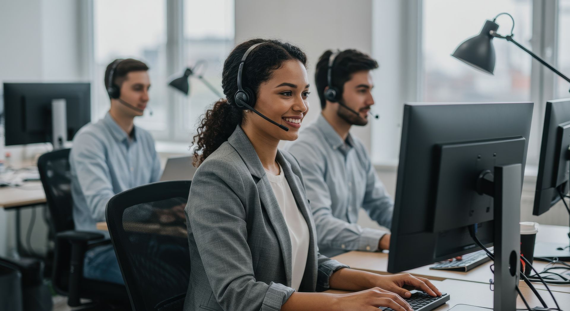 Des personnes travaillant dans un bureau moderne, portant des casques audio, assises devant des ordinateurs.