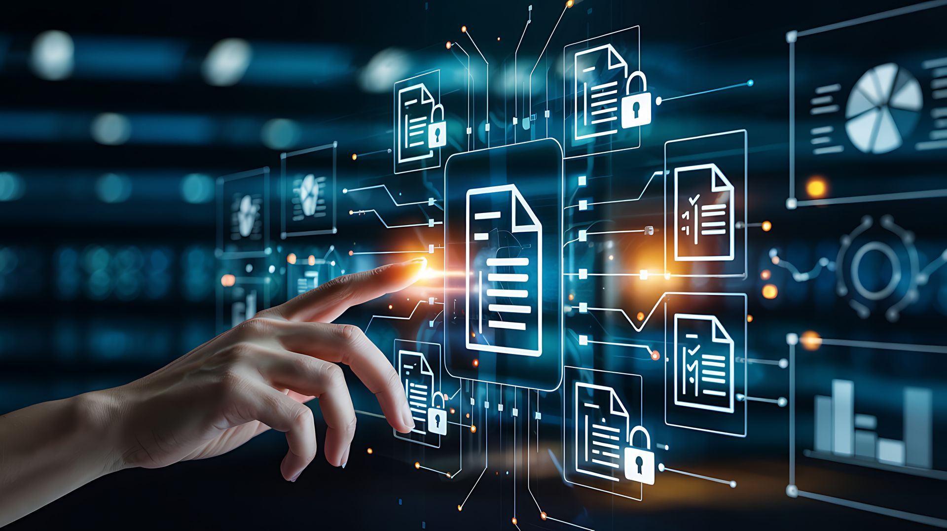 Main interagissant avec des icônes de documents numériques, arrière-plan de visualisation de données.