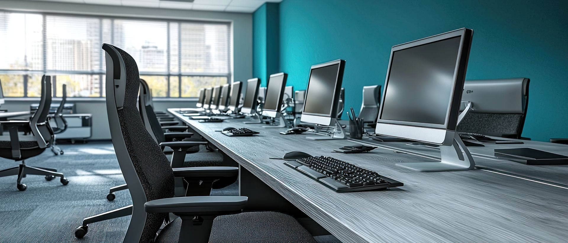Un bureau moderne avec plusieurs postes de travail informatiques alignés, éclairé par une grande fenêtre et un mur de couleur turquoise.