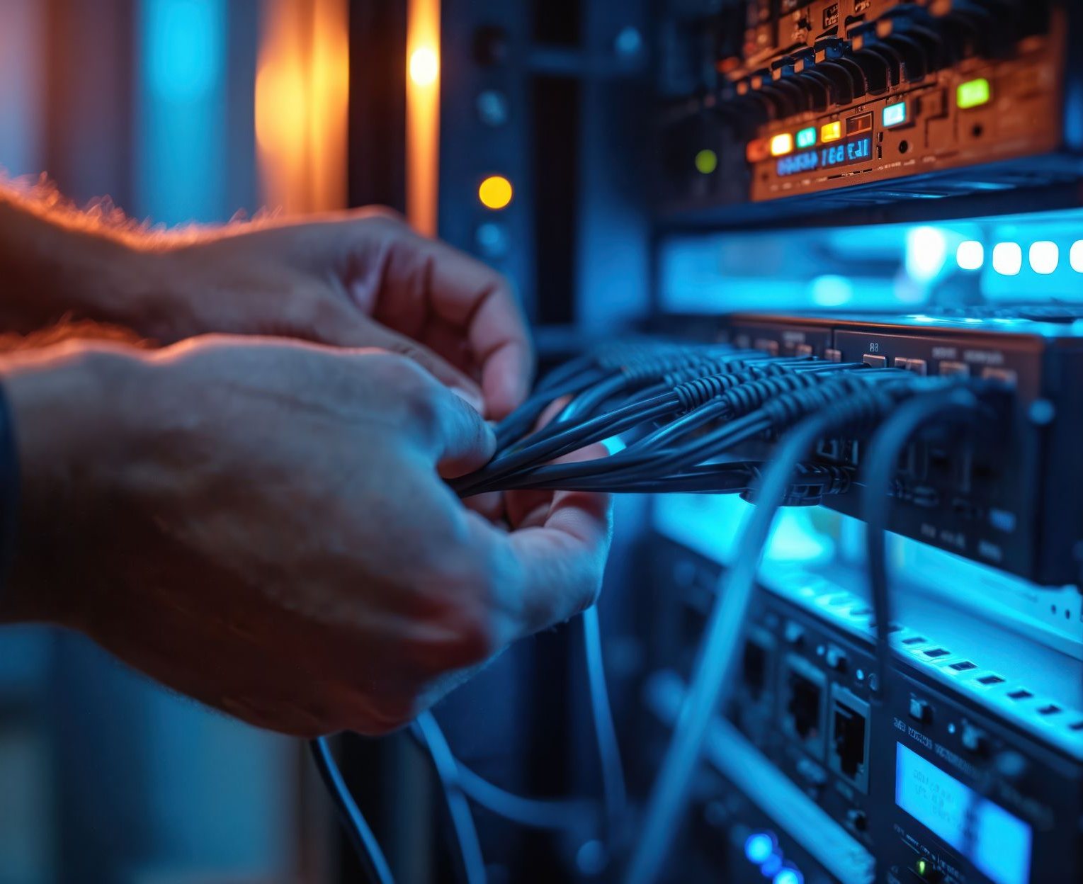 Des mains connectent des câbles réseau dans une baie de serveurs, éclairée par des lumières bleues et orange.