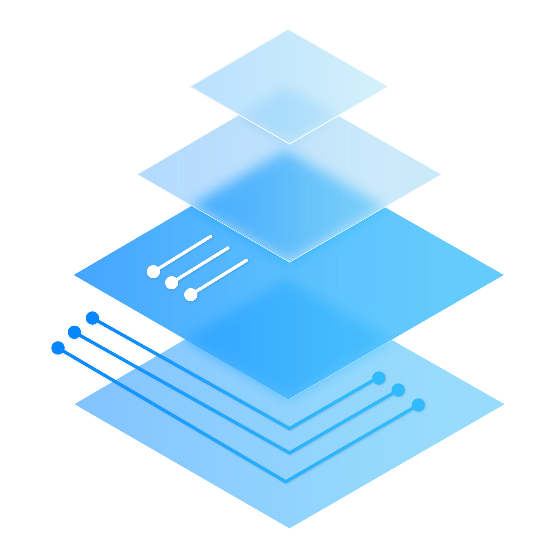 Graphique abstrait bleu en couches, composé de lignes et de points, évoquant une architecture numérique.