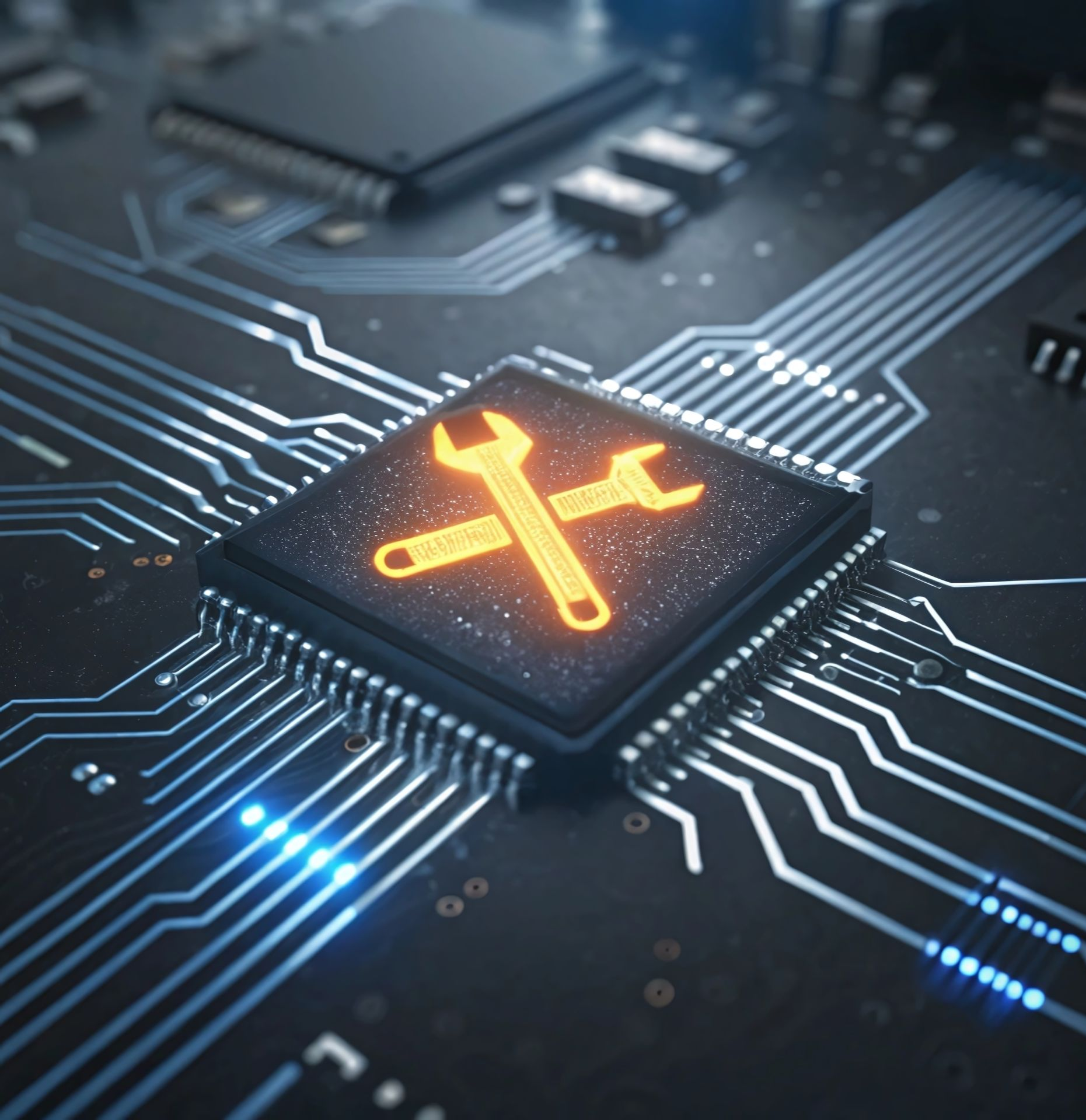 Gros plan sur une carte de circuit imprimé avec une puce centrale et des clés orange lumineuses.