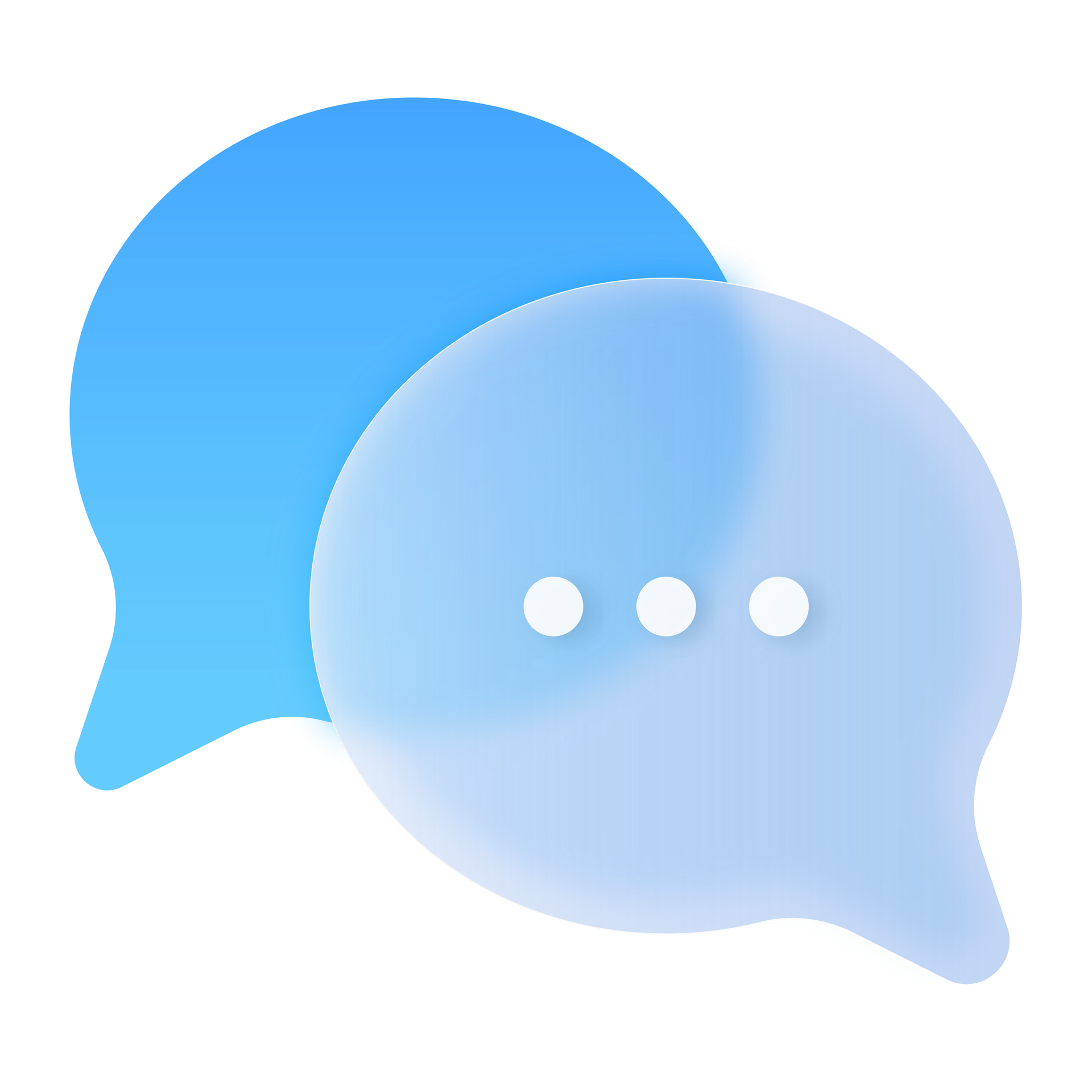 Deux bulles de dialogue bleues superposées, l'une opaque, l'autre translucide, avec trois points indiquant la saisie de texte.