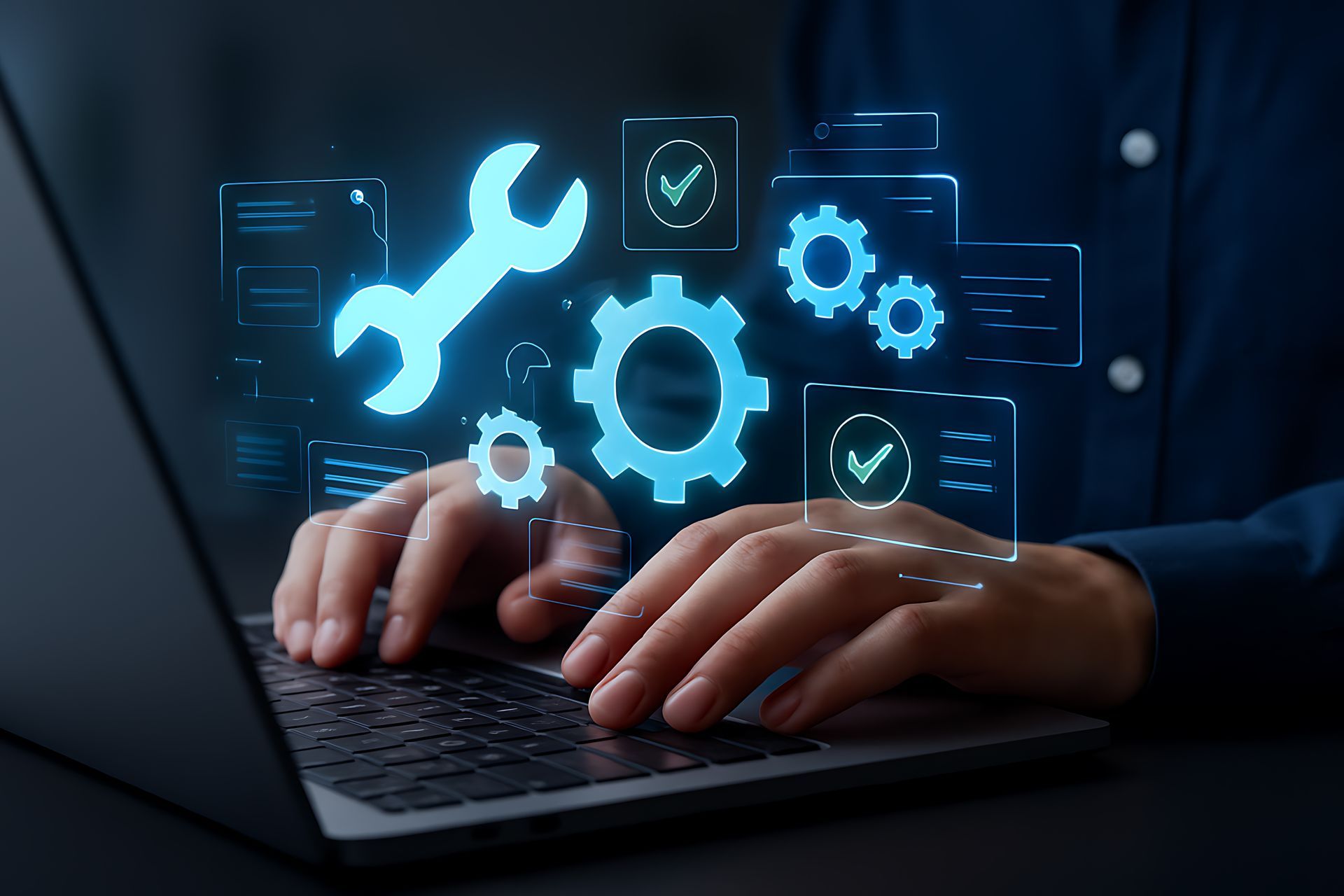 Personne utilisant un ordinateur portable avec des icônes d'outils de maintenance numérique superposées.