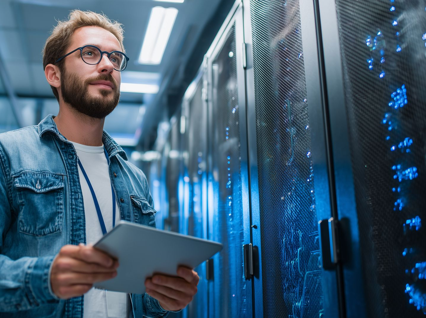 Technicien informatique dans un centre de données, tenant une tablette et inspectant les baies de serveurs.