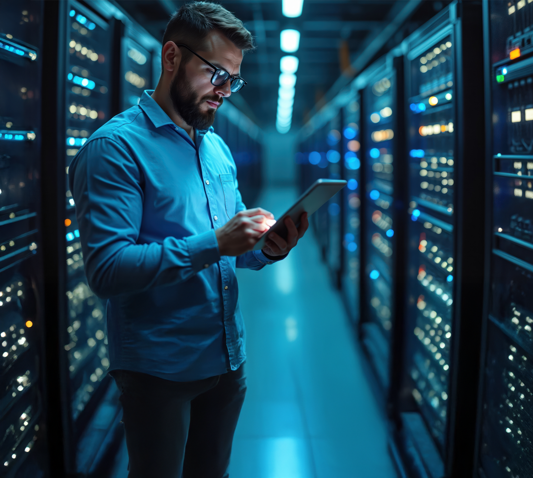 Un homme en chemise bleue utilise une tablette dans une salle des serveurs. Des rangées de serveurs avec des voyants clignotants.