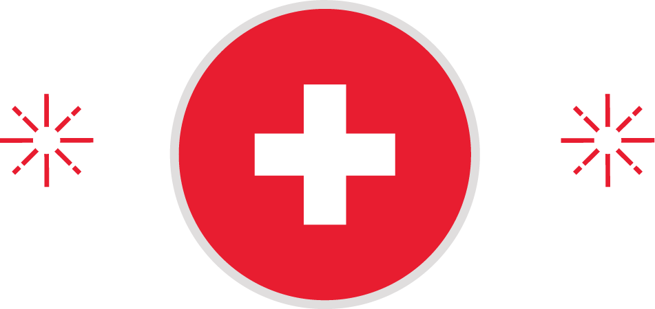 Cercle rouge avec une croix blanche, entouré d'icônes rouges éclatantes.