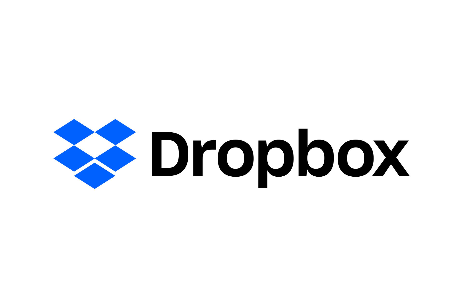 Dropbox-logo, jossa on sininen avoimen laatikon kuvake ja musta sanamerkki valkoisella taustalla
