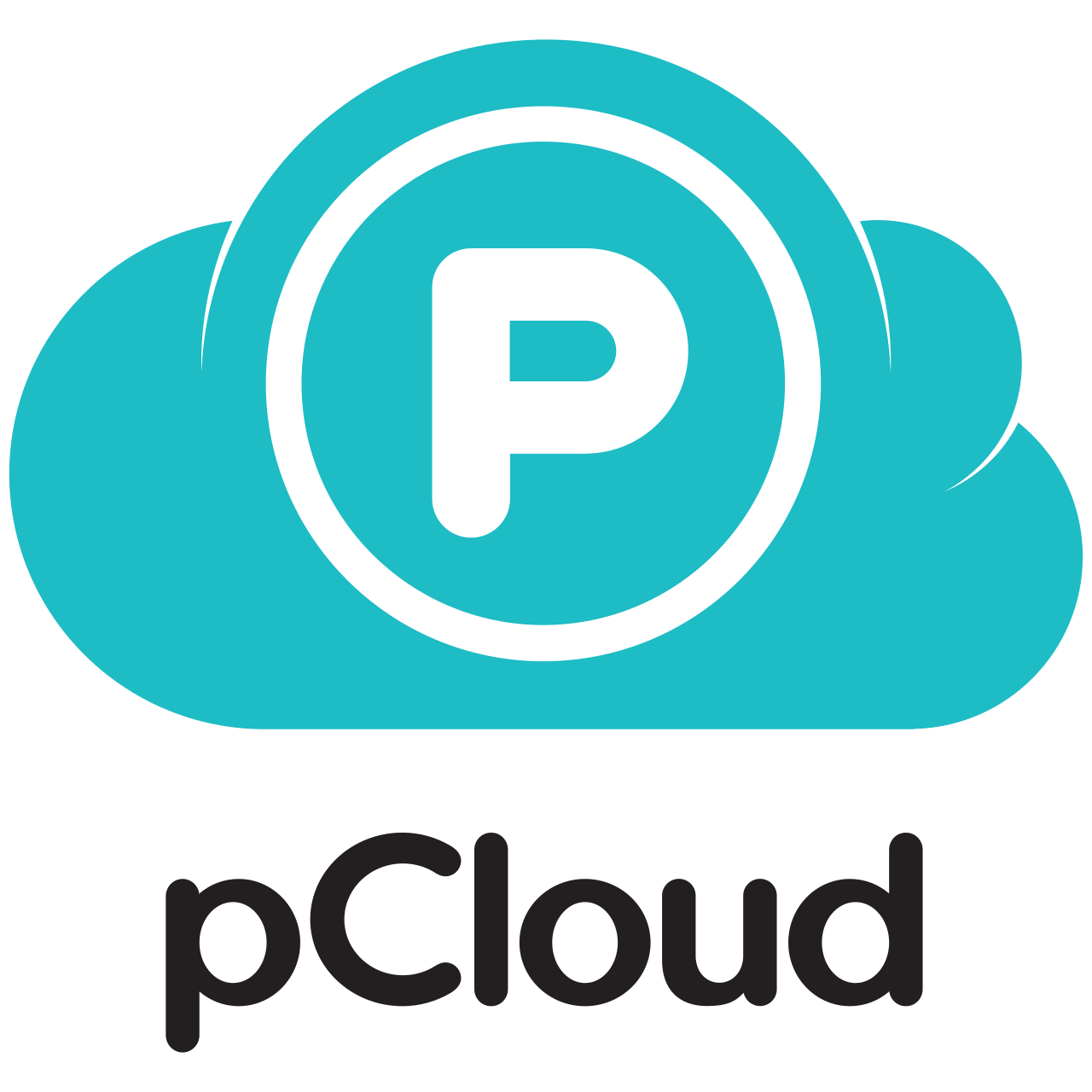 PCloud-logo: turkoosi pilvi, jossa on valkoinen P-kirjain ympyrässä mustan tekstin yläpuolella