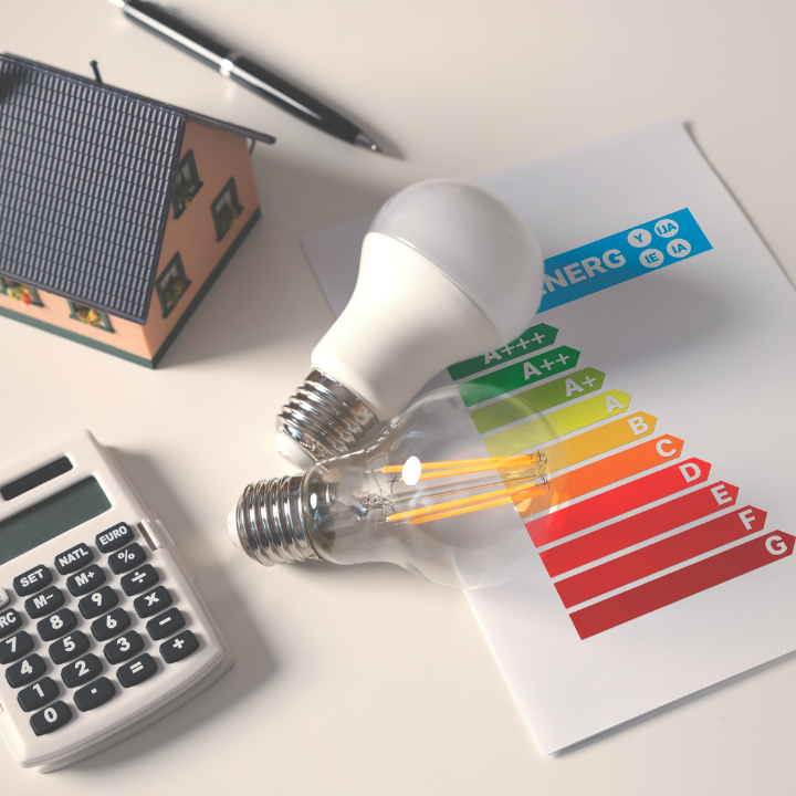 Una maqueta de casa, bombillas de bajo consumo, una calculadora, un bolígrafo y