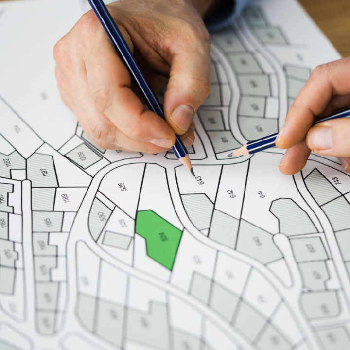 Manos con lápices sobre un mapa resaltando una parcela de terreno verde, probablemente