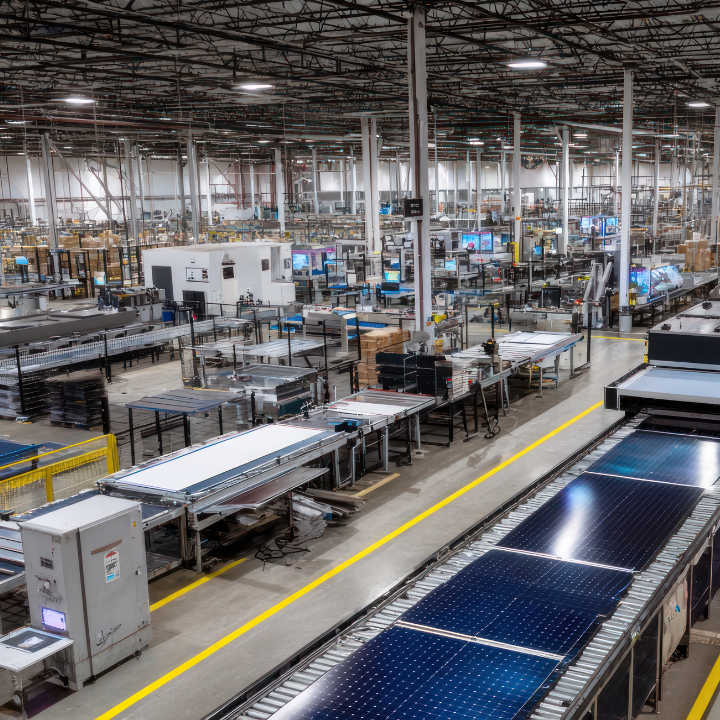 Planta de fabricación de paneles solares con línea de montaje.