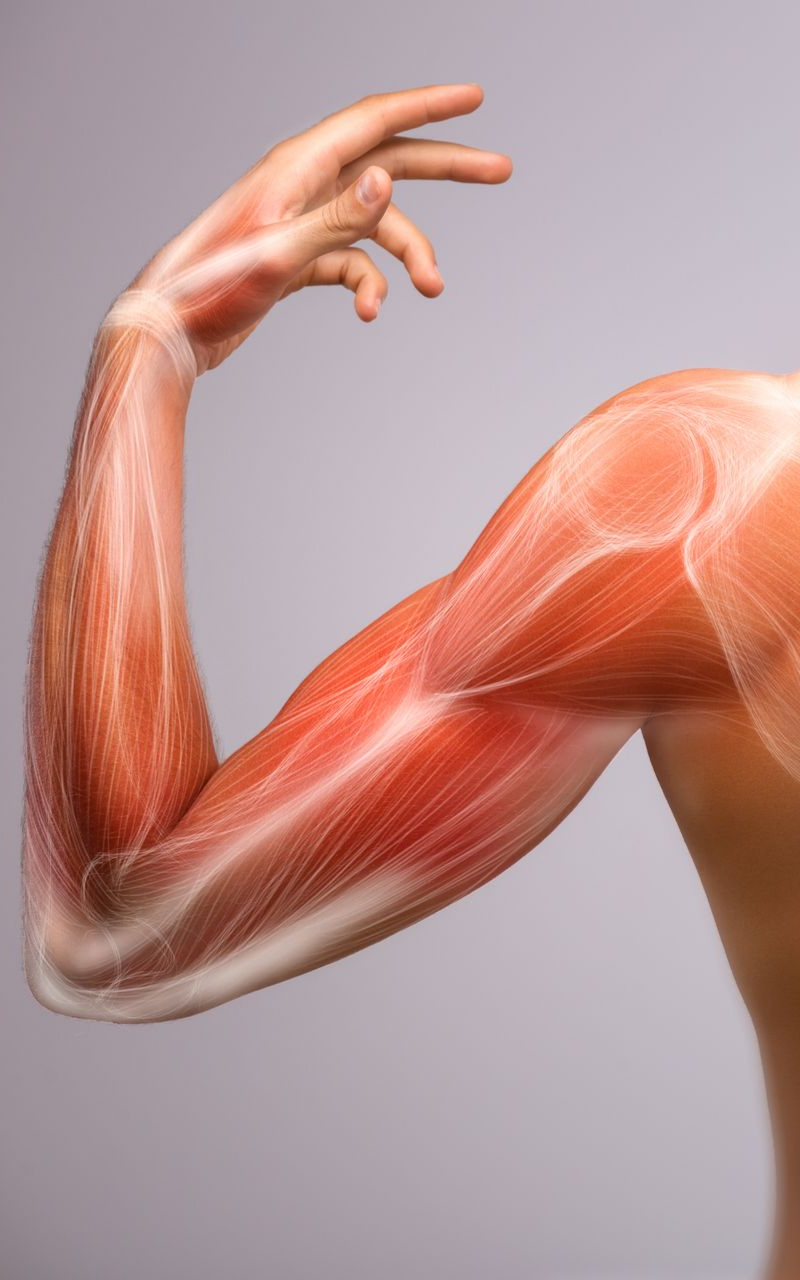 Flexion du bras, anatomie musculaire montrée en détail, sur fond gris.