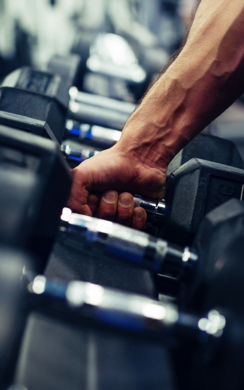 Main d'homme tenant un haltère dans une salle de sport.
