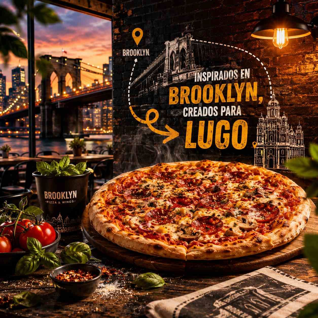 Anuncio de pizza al estilo de Brooklyn con horizonte iluminado, puente y el texto “BROOKLYN... LUGO” sobre una mesa rústica.