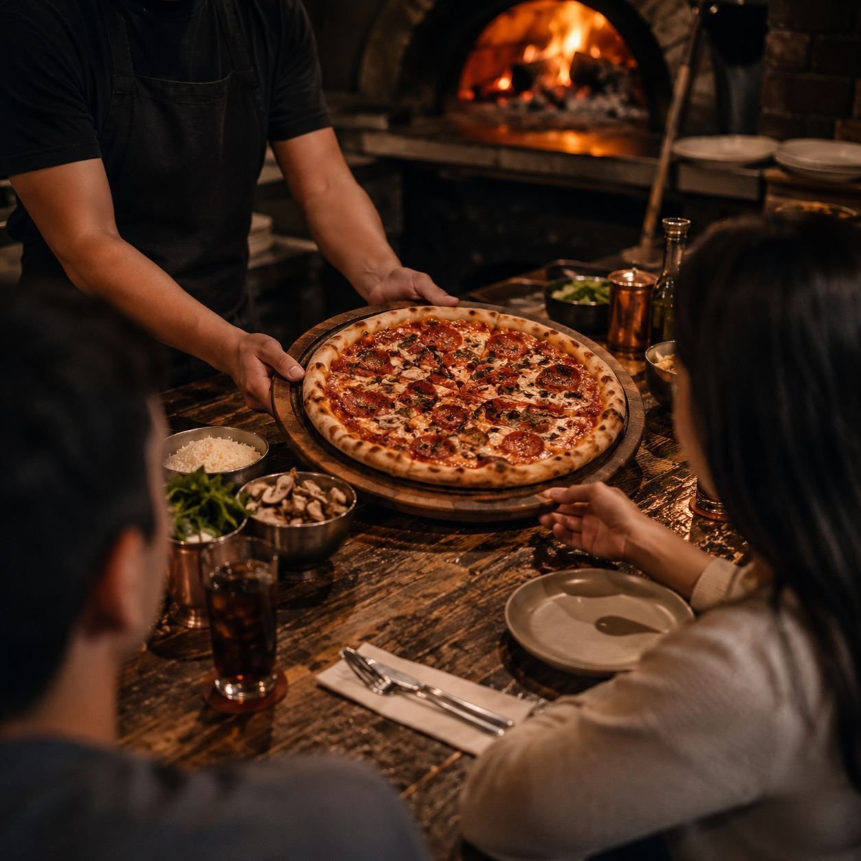 Pizza servida en una mesa con iluminación cálida, con gente sentada a su alrededor y un horno de leña al fondo.