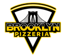 Logotipo de Brooklyn Pizzeria con emblema de puente negro, amarillo y blanco