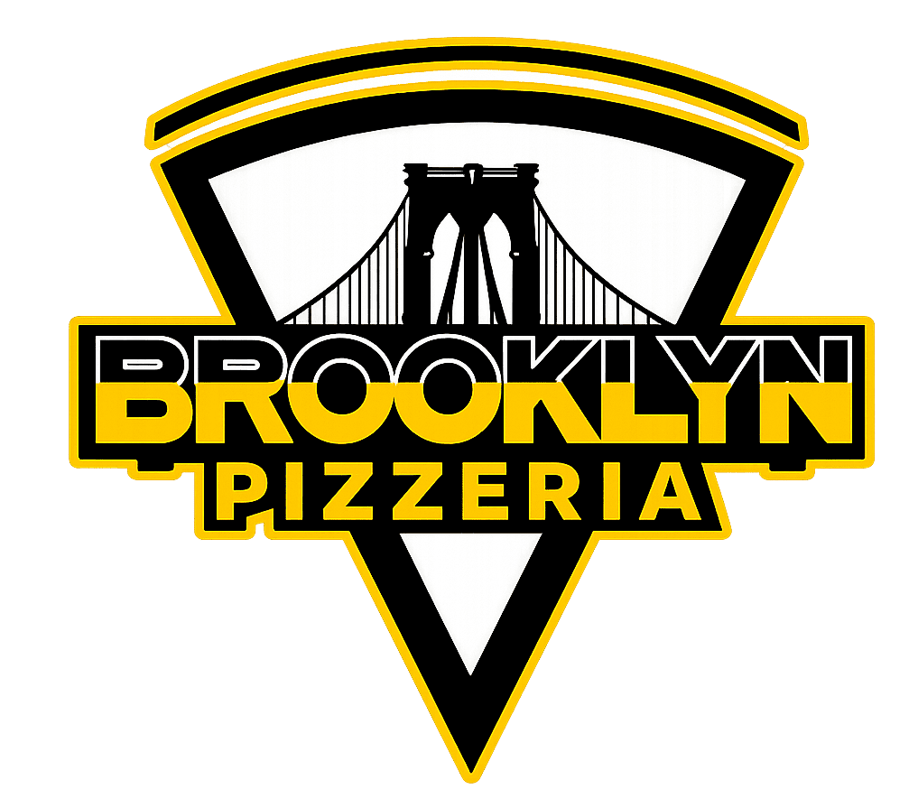 Logotipo de Brooklyn Pizzeria con emblema de puente negro, amarillo y blanco