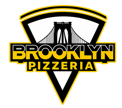 Logotipo de Brooklyn Pizzeria con emblema de puente negro, amarillo y blanco