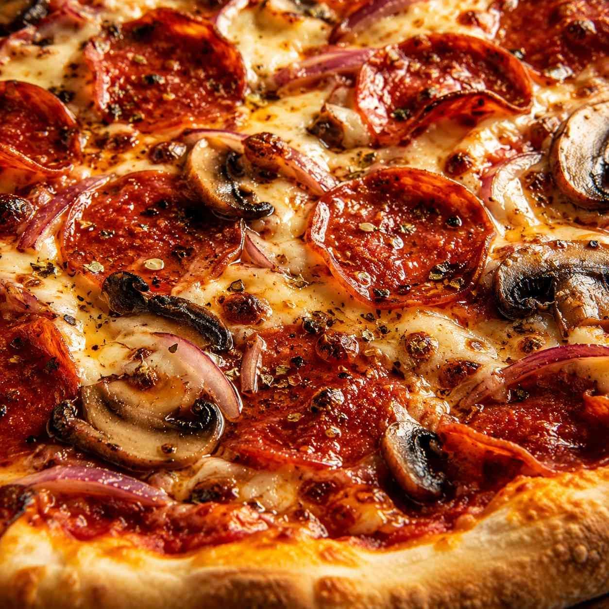 Primer plano de una pizza de pepperoni y champiñones con queso derretido y una corteza dorada.