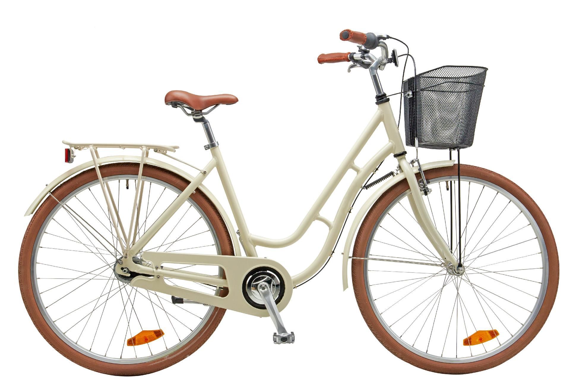 Cremefarbenes Fahrrad mit braunen Reifen, Sattel und Lenker. Es hat einen Korb vorne und einen Gepäckträger hinten.