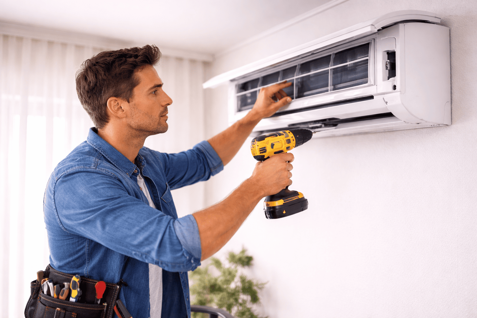 Un técnico con camisa azul utiliza un taladro eléctrico amarillo para reparar un aire acondicionado montado en la pared.