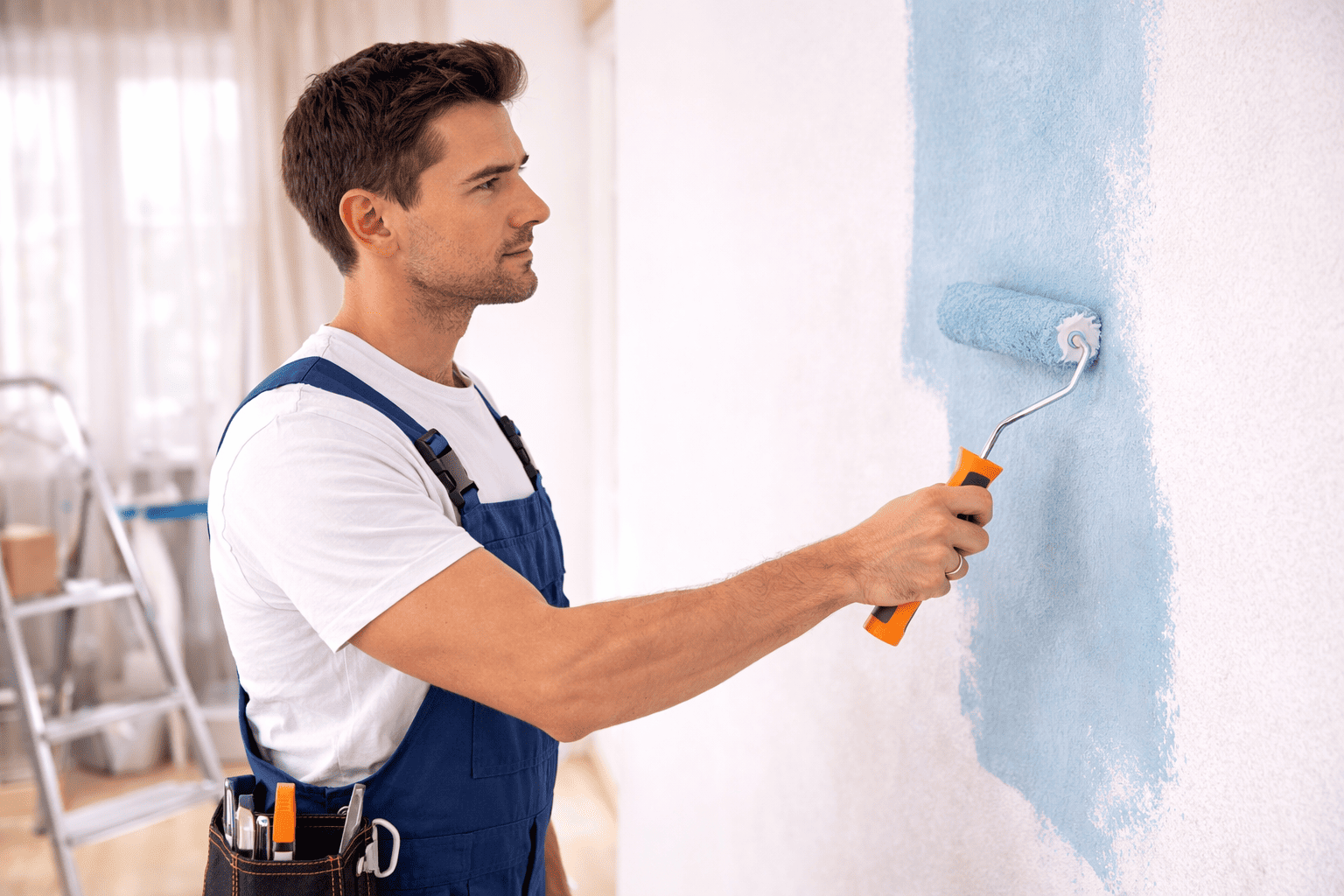 Una persona con un mono azul pinta una pared con un rodillo, aplicando pintura azul claro.