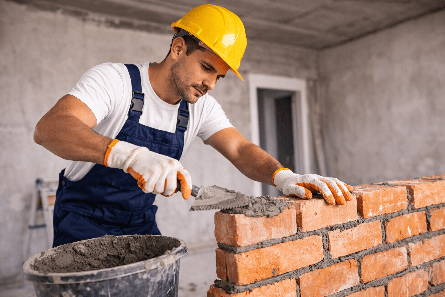 Una persona con casco amarillo y mono de trabajo utiliza una llana para aplicar mortero a una pared de ladrillos.