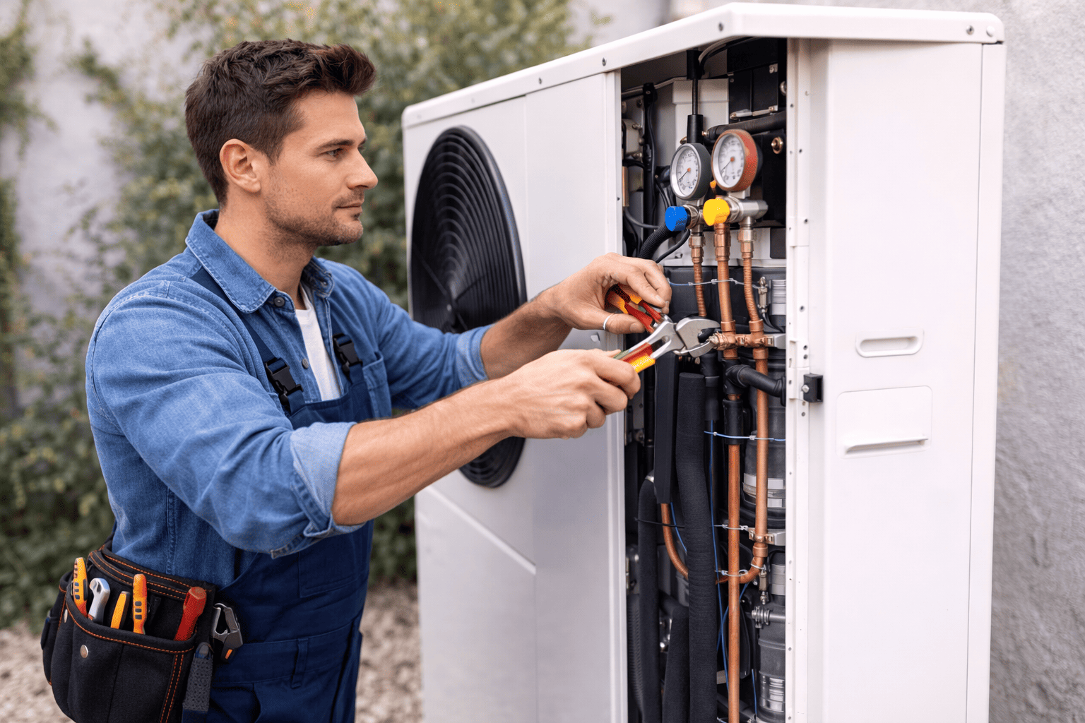 Un técnico con ropa de trabajo azul utiliza una llave inglesa para reparar los componentes internos de cobre de una unidad de bomba de calor exterior.