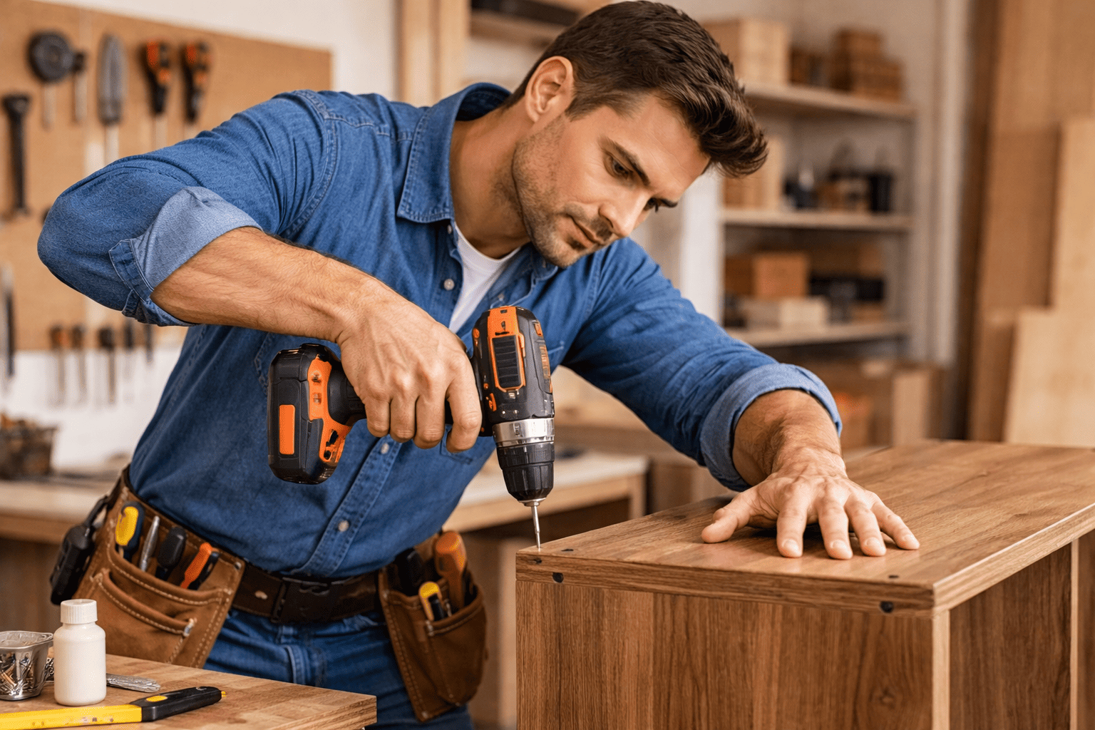 Una persona con camisa vaquera utiliza un taladro inalámbrico para ensamblar un armario de madera en un taller.