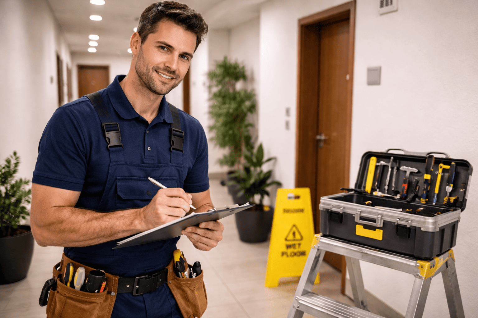 Un operario de mantenimiento uniformado escribe en un portapapeles en un pasillo, cerca de una caja de herramientas sobre una escalera y un cartel de
