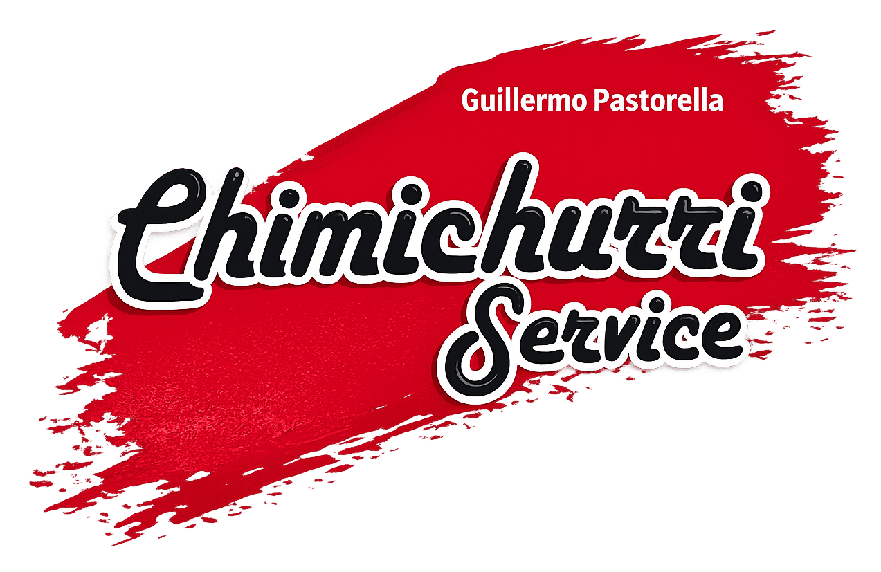 Logotipo de "Chimichurri Service Guillermo Pastorella", con texto blanco sobre fondo de pinceladas rojas.