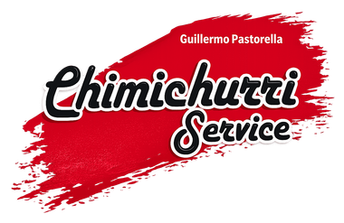 Logotipo de "Chimichurri Service Guillermo Pastorella", con texto blanco sobre fondo de pinceladas rojas.
