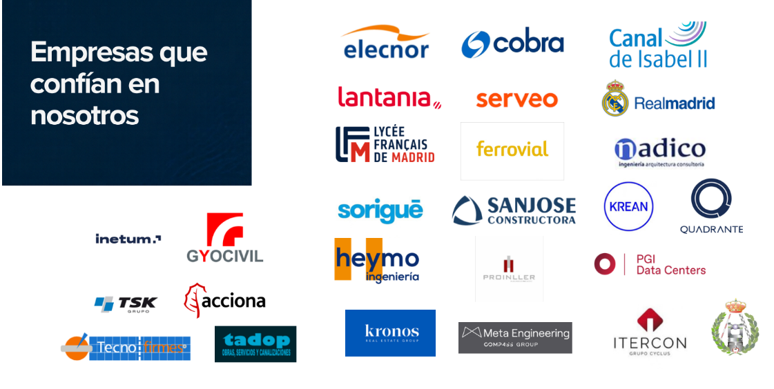 Logotipos de las empresas que confían en nosotros, dispuestos sobre un fondo blanco con una franja azul oscuro a la izquierda.