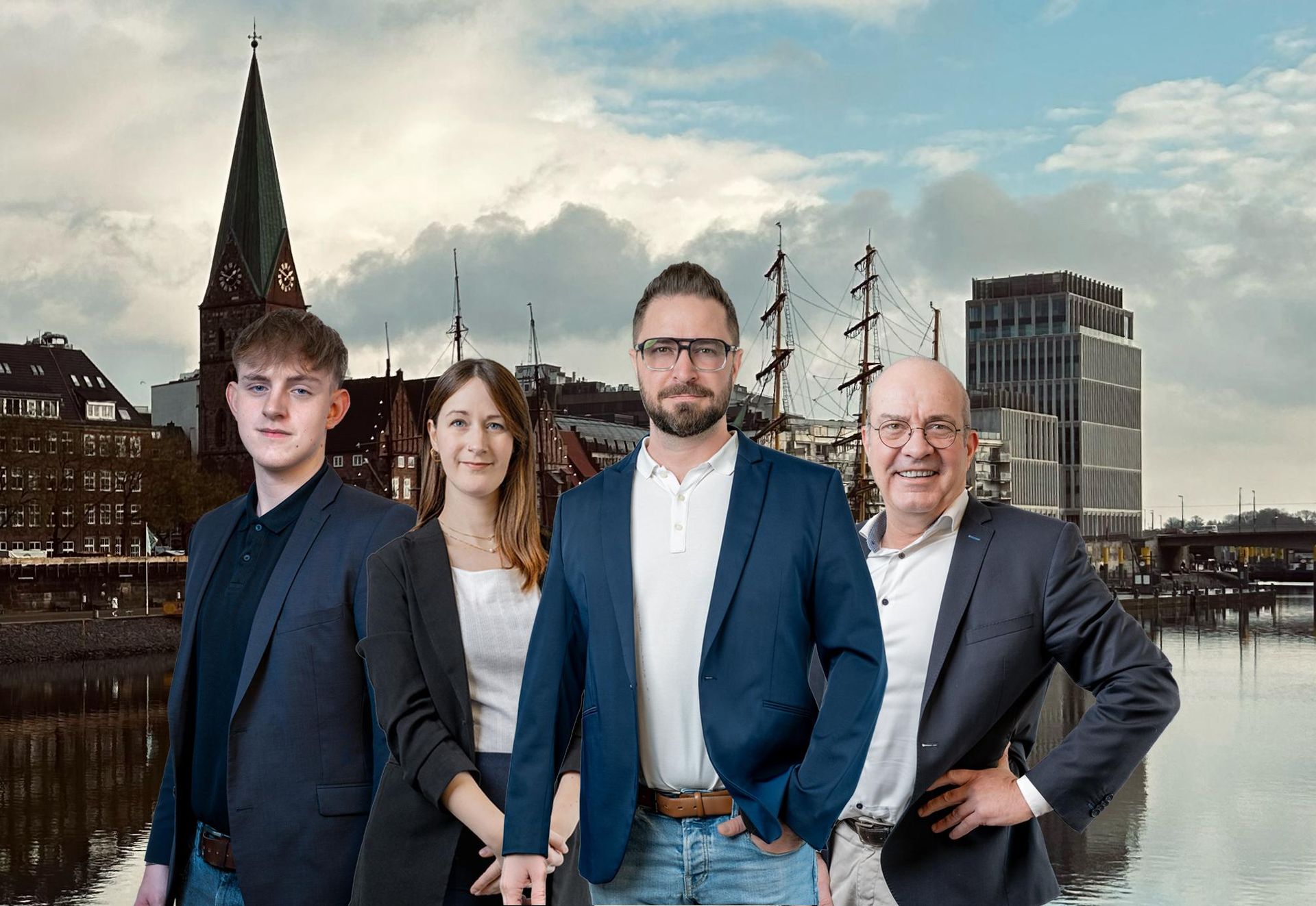 Eine Gruppe von Menschen steht nebeneinander vor der Skyline einer Stadt.