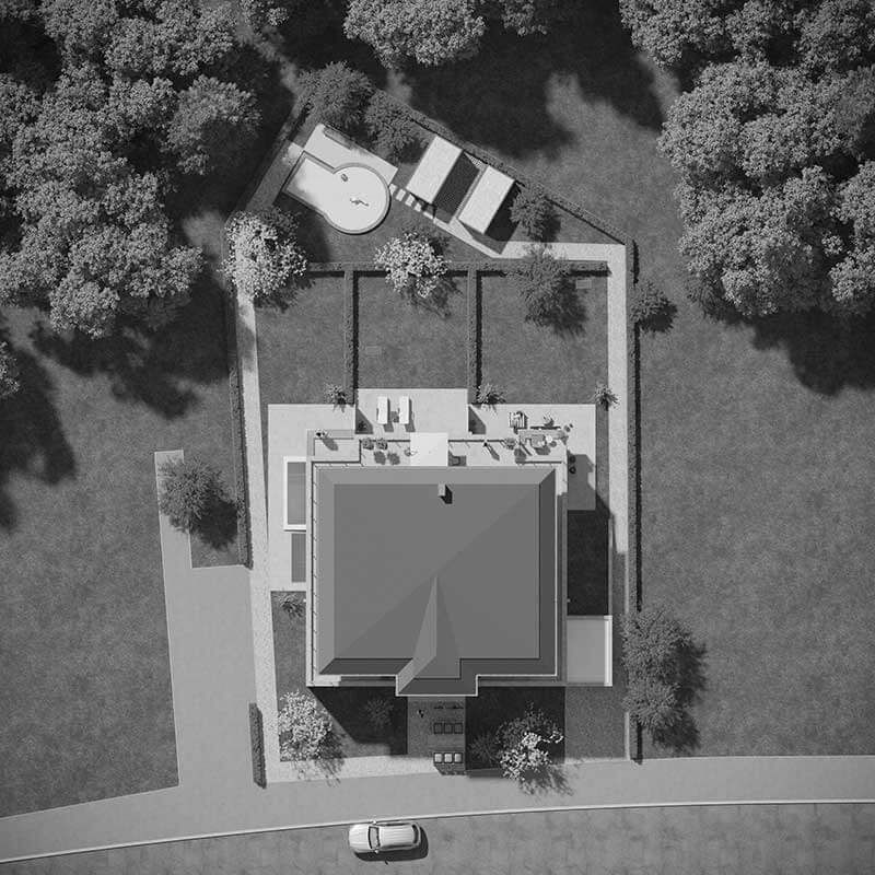 Eine schwarz-weiße Luftaufnahme eines Hauses
