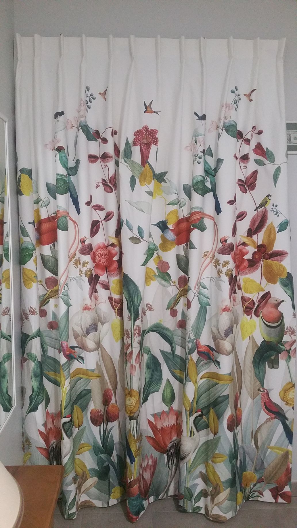 Rideau coton blanc avec décor coloré végétaux et oiseaux